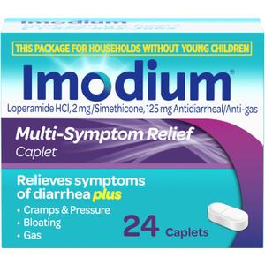 4 x Imodium Multi-Symptom Relief Caplets with Loperamide Hydrochloride & Simethicone, Anti-Diarrheal Medicine for Treatment of Diarrhea, Gas, Bloating, Cramps & Pressure, Easier to Open, 24 ct 4 x Imodium Multi-Symptom Relief Caplets with Loperamide Hydrochloride & Simethicone, Anti-Diarrheal Medicine for Treatment of Diarrhea, Gas, Bloating, Cramps & Pressure, Easier to Open, 24 ct
