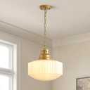 Milk Glass Pendant Light Fixture,14" White Pleated Drum Glass Chandelier,Contemporary Pendant Lights Kitchen Island,Adjustable Height Modern Light Fixture for Bedroom Living Room Hallway, 14.17 inches