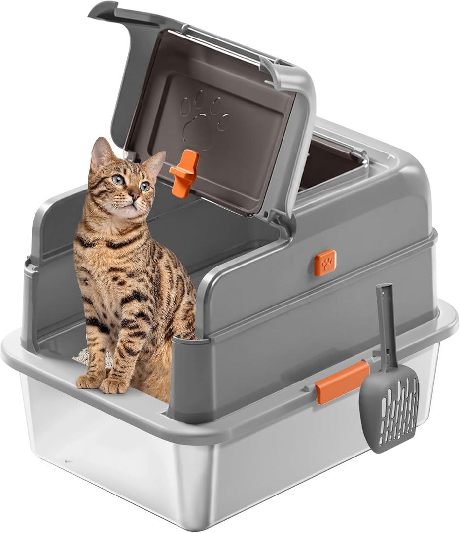 Stainless Steel Cat Litter Box with Lid, Covered Enclosed Kitty Litter Box, Flip Top High Sided Metal Cat Litter Pan with Litter Scoop, Front and Top Entry, Odor Control Leak Proof Easy Clean, Grey