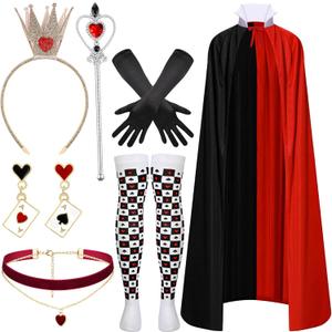 7 Pcs Halloween Queen Costume Include Queen Cape,Crown,Wand,Collar,Earrings,Gloves and Socks for Women Wonderland Costume Fancy Dress Up