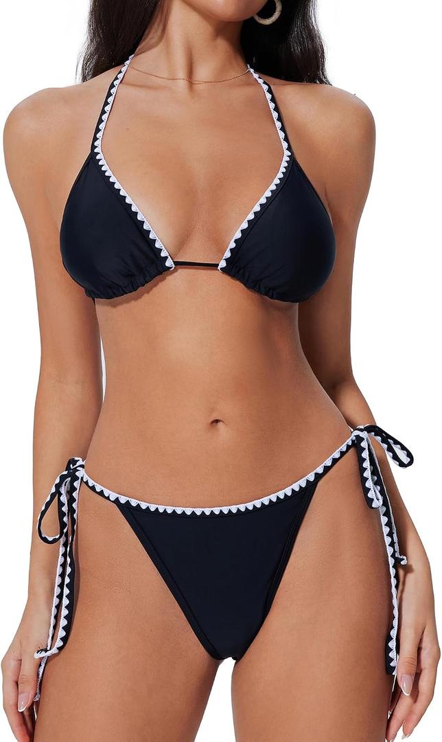 SUUKSESS Women Cheeky Halter String Bikini Sets Sexy Triangle Two Piece Swimsuit (Black, S)