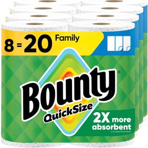 Bounty Quick Size Paper Towels, White, 8 Family Rolls = 20 Regular Rolls (8 Rolls (107 Sheets each))