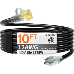 12awg 10 FT Heavy Duty Outdoor Extension Cord Waterproof with Lighted End,Black 12 Gauge Extension Cord Flexible and Cold Resistant 3 Prong Grounded Plug,15Amp 1875W SJTW ETL Listed