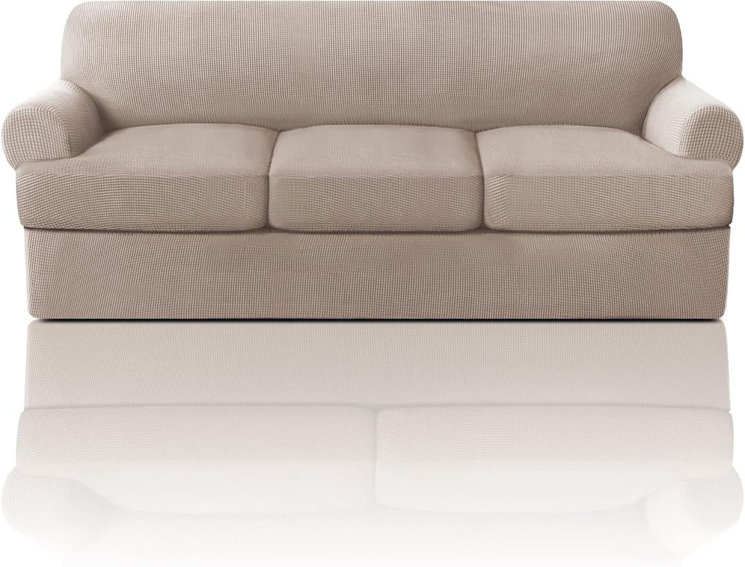 PrinceDeco T Cushion Sofa Slipcover 4 Pieces Sofa Covers for T Cushion Couch Soft Sofa Slip Covers Furniture Protector with 3 Individual T Shape Seat Covers Width Up to 88 Inch, Sand