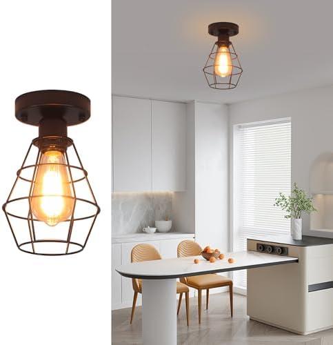 Jasopaco 1-Light Metal Cage Semi Flush Mount Ceiling Light, Black Industrial Light Fixtures Ceiling for Farmhouse Kitchen Bedroom Hallway Garage Porch Storage Room,RV Light Fixtures