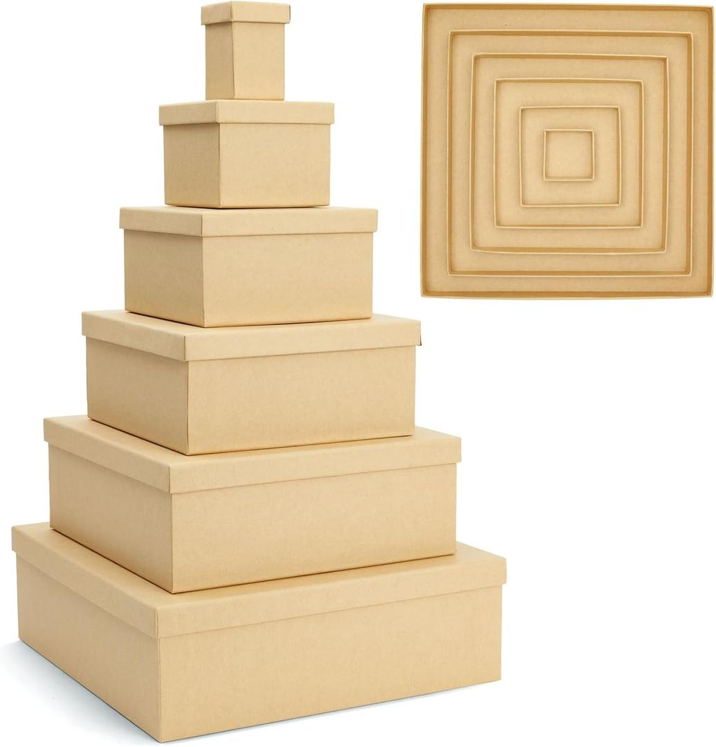 Bright Creations Nesting Boxes - 6-Pack Brown Squares With Lids, 12 x 12 to 2 x 2 In, 4 in H - Paper Mache & Square Boxes
