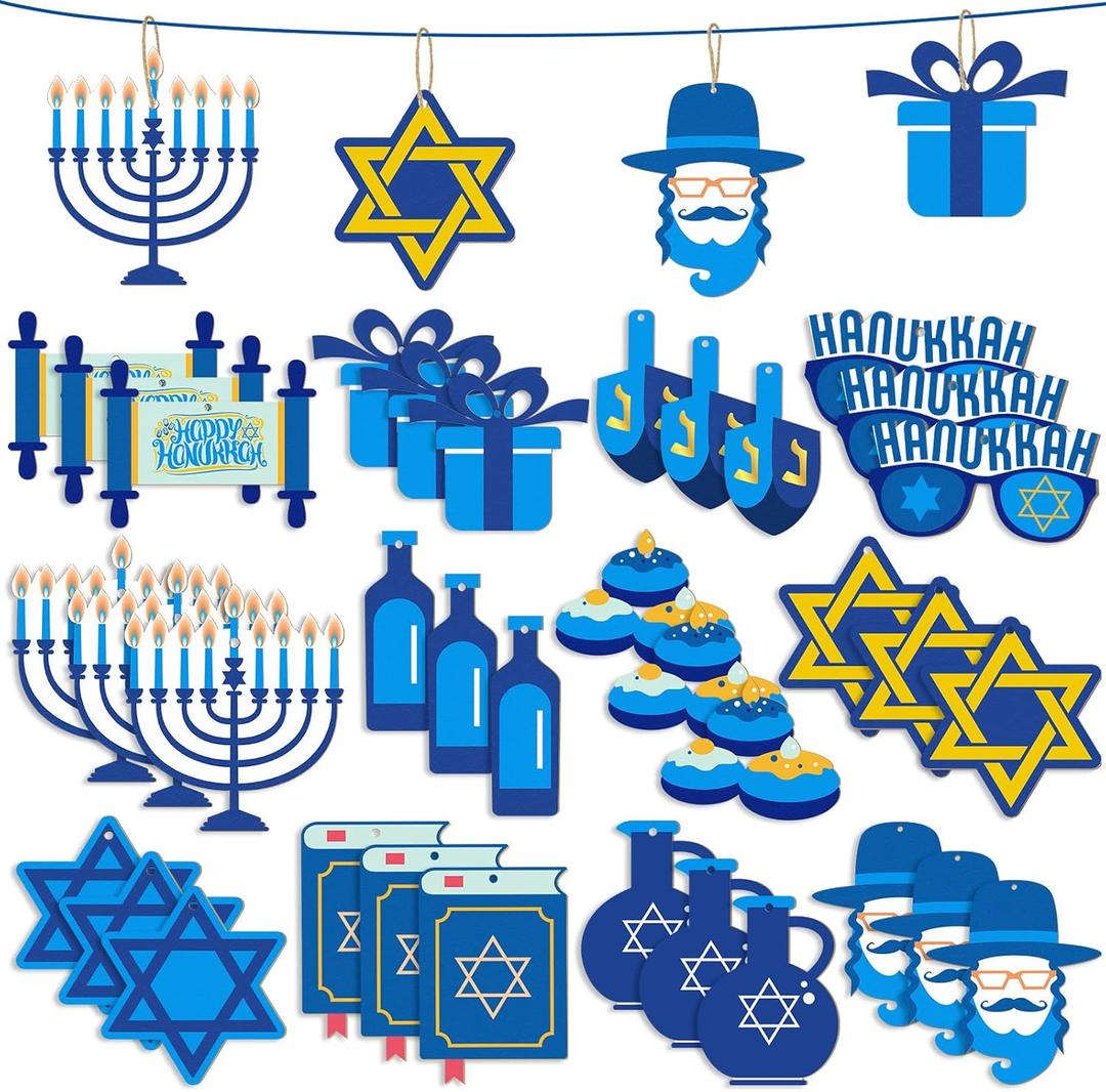 36 Pieces Hanukkah Ornaments Happy Hanukkah Wood Sign Jewish Hanukkah Decorations Star of David Ornament Menorah Ornament Dreidel Hanging Decoration Hanukkah Tree Decorations for Wall Gifts Holiday