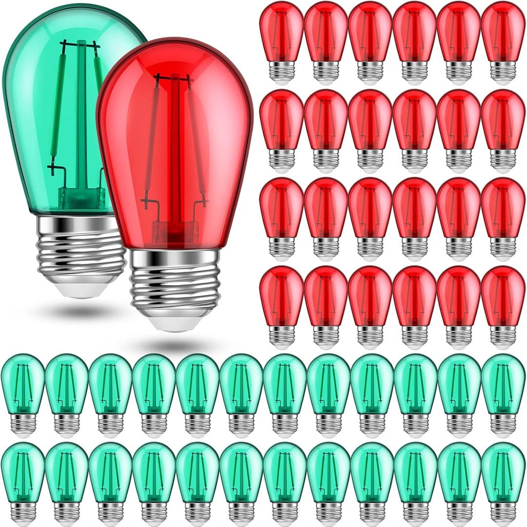 Christmas Red and Green S14 LED Light Bulbs Colored Bulbs Replacement String Lights 2 Watt E26 Base for Indoor Outdoor Village, Patio, Porch, Bistro Decor (50 Pieces)