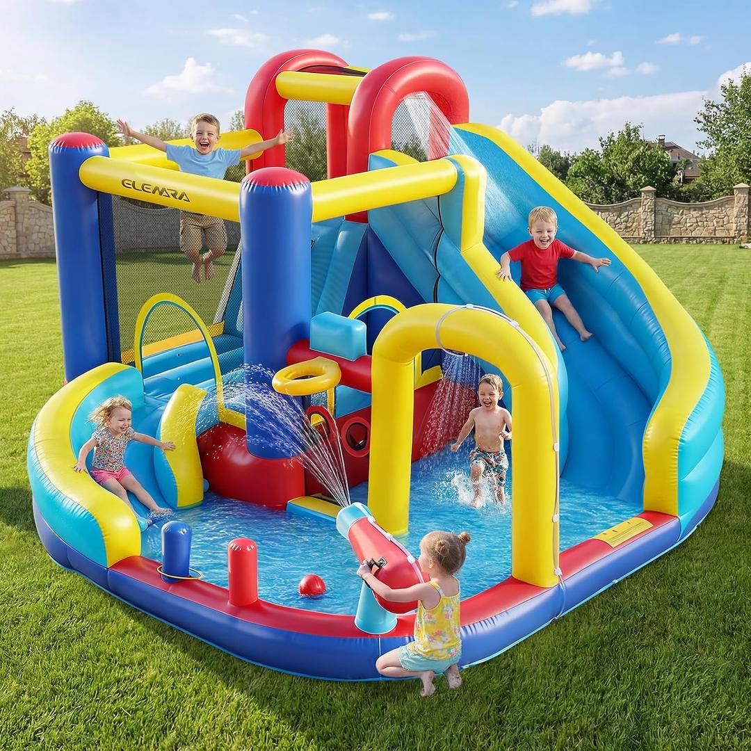 ELEMARA 10 in 1 Inflatable Water Slide Bounce House, Inflatable Bounce House with Blower, Dual Slides & Climbing Walls & Ring-toss Game & 2 Water Guns, Splash Pool, Blow up Water Slide with Blower, Blue
