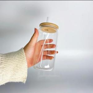 Generic Glass Cup with Lid and Straw 16oz Ice Coffee Cup Skinny and Long Can Beer Cups Glass Set Drinking Glasses with Bamboo Lids Reusable Glass Cups Ideal for Smoothies & Beverages, Clear
