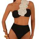 SHENHE Women's One Shoulder Bikini Set High Waisted 3D Flower Bandeau Swimsuits 2 Piece Swimwear Black Small