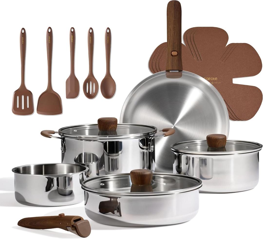 CAROTE 19pcs Stainless Steel Cookware Set with Detachable Handle, Pots and Pans Set, Induction Kitchen Cooking Sets, RV/Camping Cookware, Removable Handle, Oven Safe, Woodgrain, Mothers Day Gifts