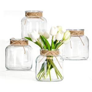 Houmury Glass Vases for Centerpieces Set of 4 Farmhouse 6 Inch Clear Large Vase Utensils Holder with Twine Ties Home Decor for Wedding Living Room Dining Table Office (4)