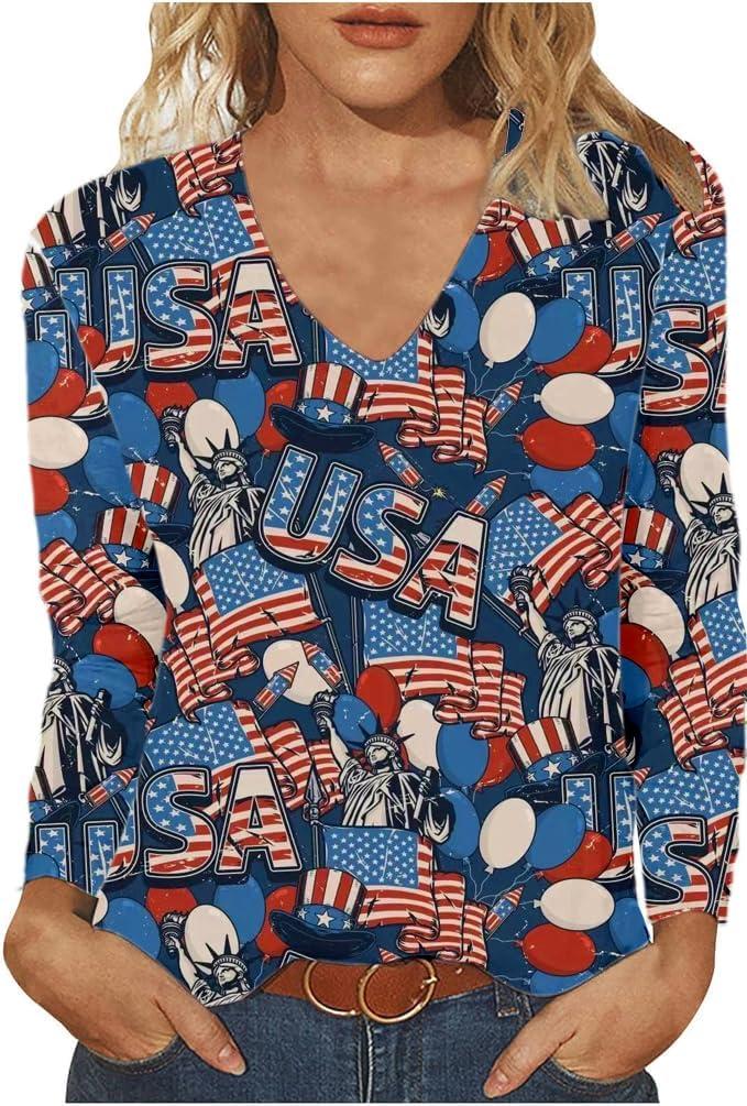 American Flag Shirts Women Veterans Day USA T Shirt Long Sleeve Patriotic Proud Memorial Christmas V Neck Tops (M)