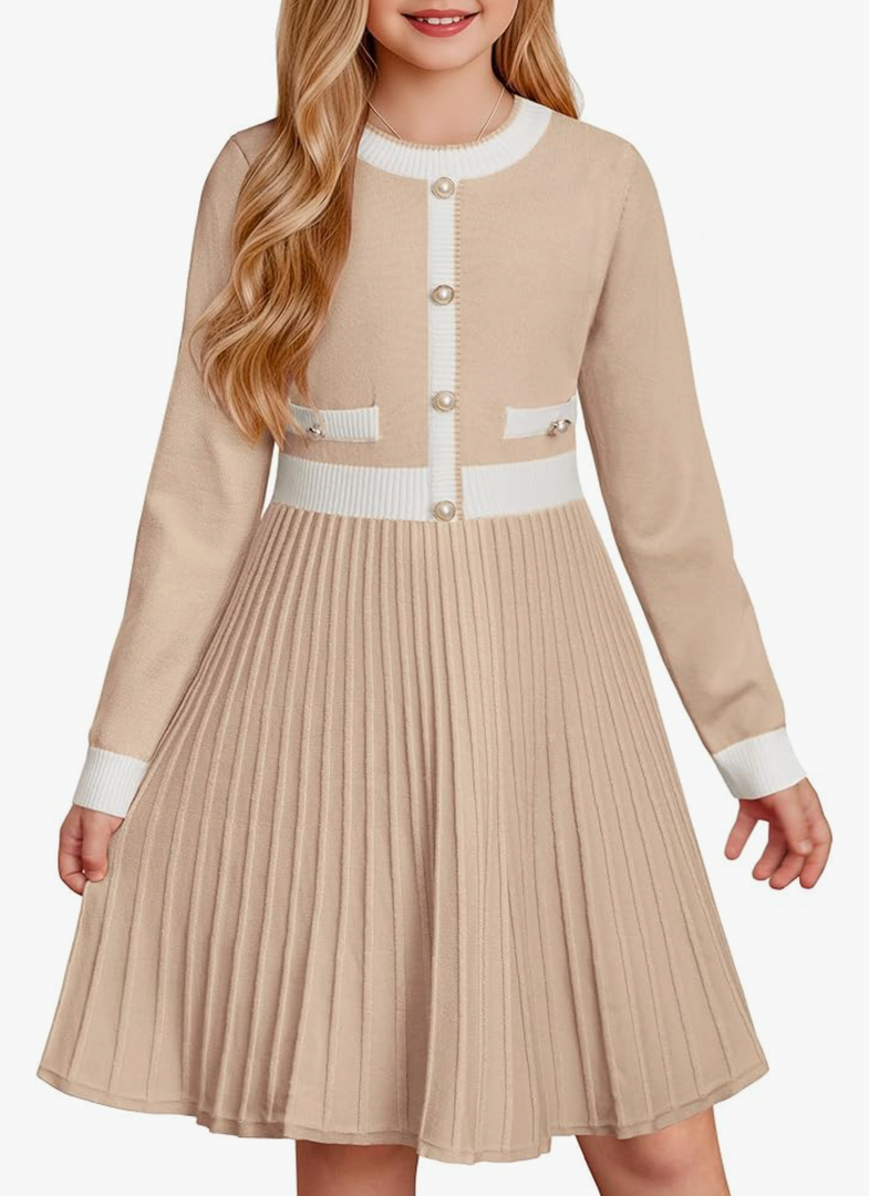 GRACE KARIN Girls Sweater Fall Dress Long Sleeve Knit A Line Contrast Casual Winter Dresses 10y