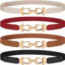 WERFORU 4 Pack Women Skinny Elastic Waist Belt Gold Buckle Stretchy Thin Belt for Jeans Dress (Fit waist size 23"-28", Black+brown+red+beige)