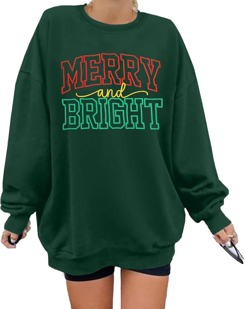LUKYCILD Christmas Vibes Sweatshirt Women Merry Christmas Shirt Xmas Long Sleeve Shirt Winter Holiday Sweatshirts (Small, Green1-merry Bright)