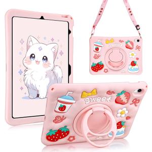 Case for iPad A16 11th Generation 2025 10th Generation Case 2022 for Kids Girls with 360 Degree Kickstand Shoulder Strap Pink Heavy Duty Shockproof Protective iPad 11 inch 10.9 inch Cover