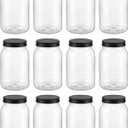 novelinks 32 oz Mason Jars with Plastic Lids, 12 Pack Large Plastic Salad Jars with Lids 32oz, Reusable Spice Containers & Kitchen Jars for Pantry Organization (12 Pack, Black)