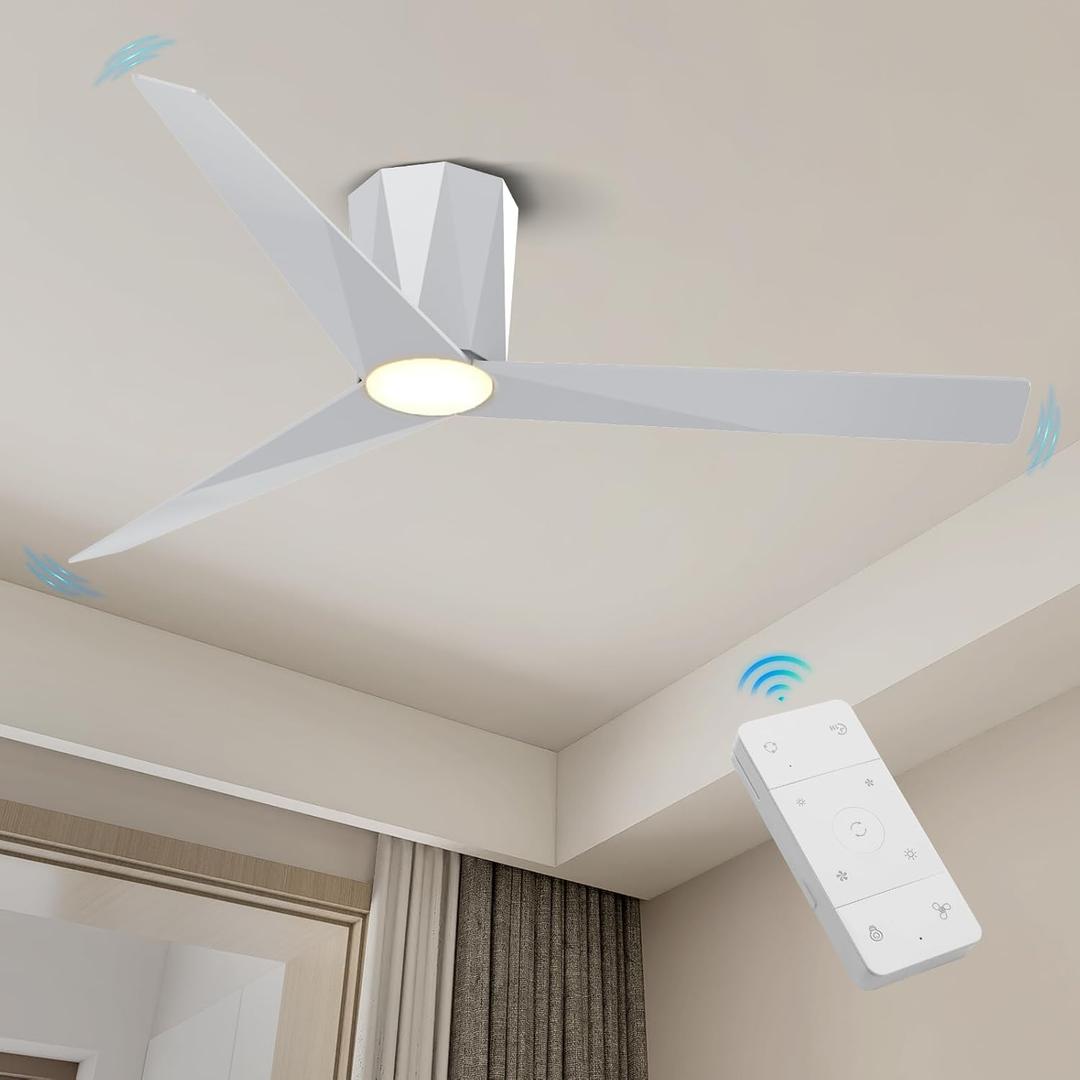 Roomratv 52 Inch Modern Silver Finished Ceiling Fans with Dimmable Led Lights, Flush Mount Ceiling Fan with Remote Control, Quiet DC Reversible Motor for Summer Winter, Noiseless,Bedroom,Indoor