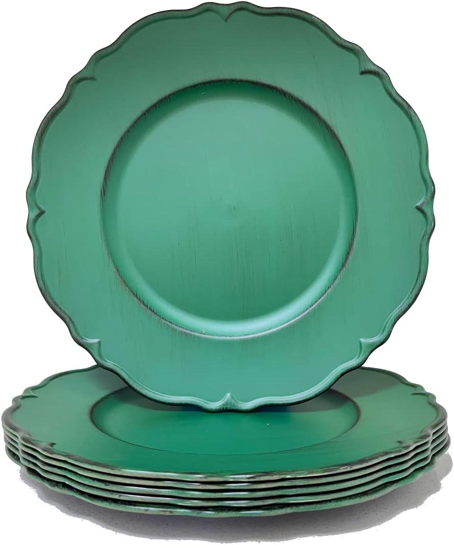 Antique Green Charger Plates, 13" Round Chargers for Dinner Plates, Set of 6 Plastic Plate Chargers for Weddings, Parties, Table Setting.