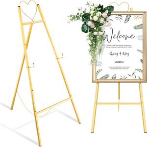 43.5" Gold Easel Stand for Wedding Sign, Heavy Duty Metal Display for Poster, Picture Frame, Adjustable Floor Easel with Chain, Large Standing Easel for Art, Paintings, Home Decor, Commercial