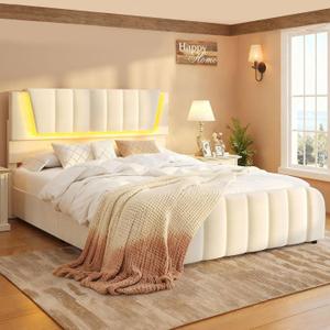 Queen Size LED Platform Bed Frame with Soft-Glow Mood Lighting & Adjustable Upholstered Headboard, Modern Linen Bed with Storage Drawers, Heavy Duty Metal Support, No Box Spring Needed, Beige