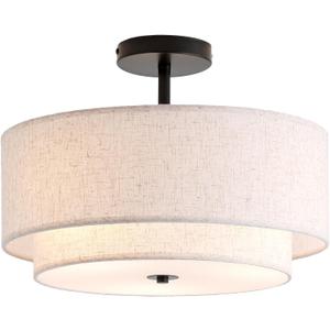 CALOKES 16" Double Drum 3-Light Semi Flush Mount Ceiling Light, Classic Fabric Linen Shade Design for Living Room, Bedroom, Kitchen, Dining Room, Hallway and Entryway