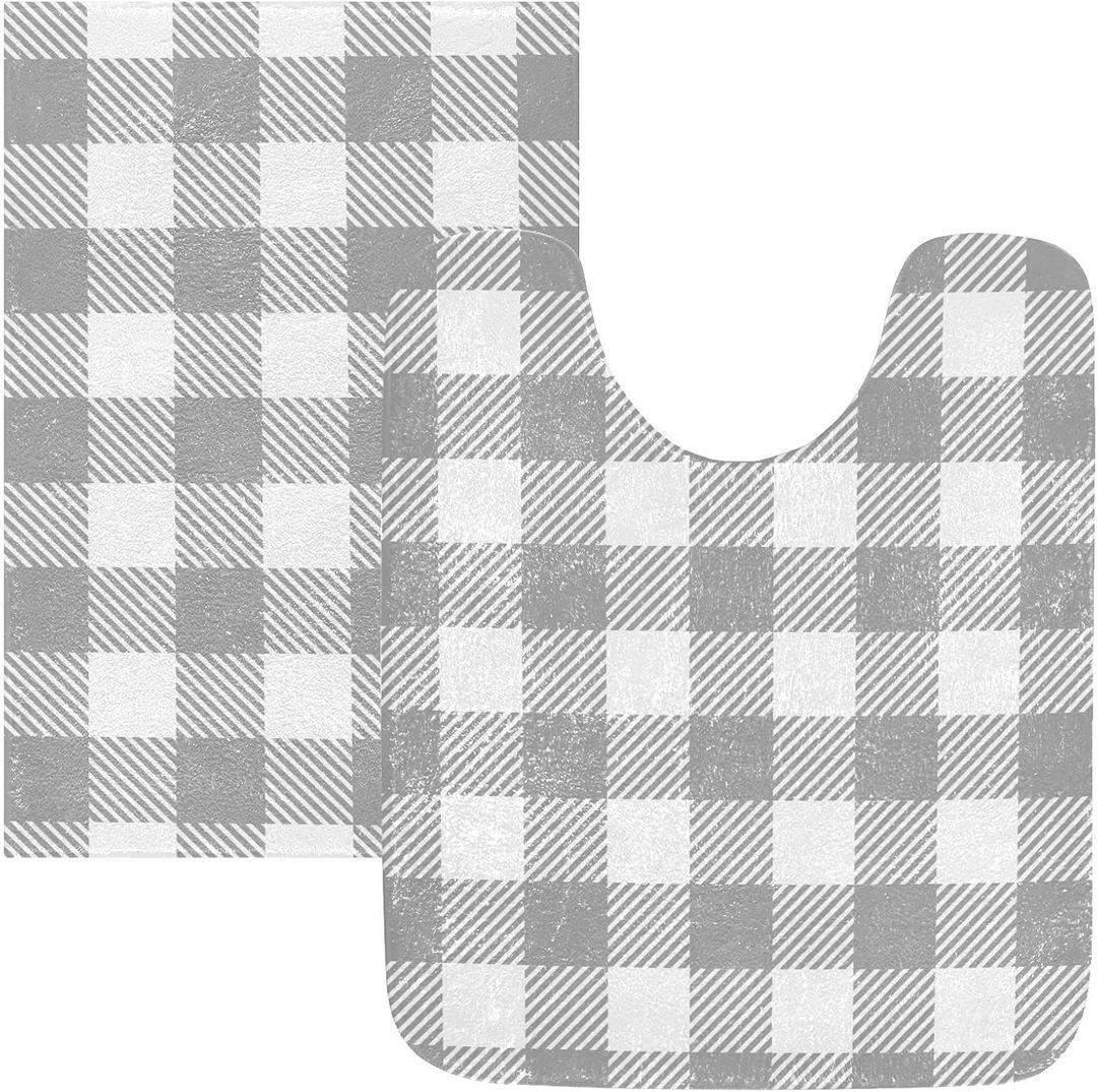 Grey Buffalo Plaid Bathroom Rug Set Bathtub Mat Non Slip Bathroom Mats Bath Rugs Shower Rug Soft Bathroom Rugs for Bedroom Kitchen Living Room Floor Toilet Washable 2 Piece Bathroom Decor