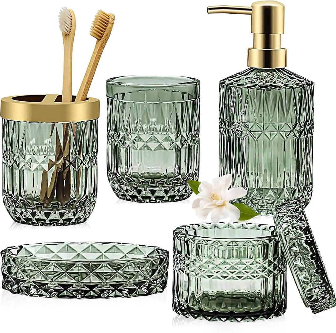 Green Bathroom Accessories Set, 5 Pcs Vintage Diamond Clear Glass Bathroom Set Include Lotion Soap Dispenser, Soap Dish, Toothbrush Holder, Tumbler, Cotton Swab Jar for Modern Bath Countertop Decor