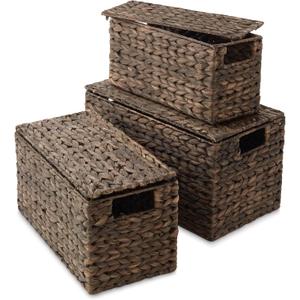 Set of 3 Water Hyacinth Storage Baskets with Lids, Espresso - Small, Medium, Large Woven Nesting Bins for Bathroom, Bedroom, Closets, Shelves