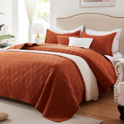 LEAONME Full/Queen Quilt Set 3 Pieces,Lightweight Burnt Orange/Rust Bedspread-90''x98'',Soft Microfiber Summer Quilt,Luxurious Warm Coverlet Sets for All Seasons (Includes 1 Quilt, 2 Shams)
