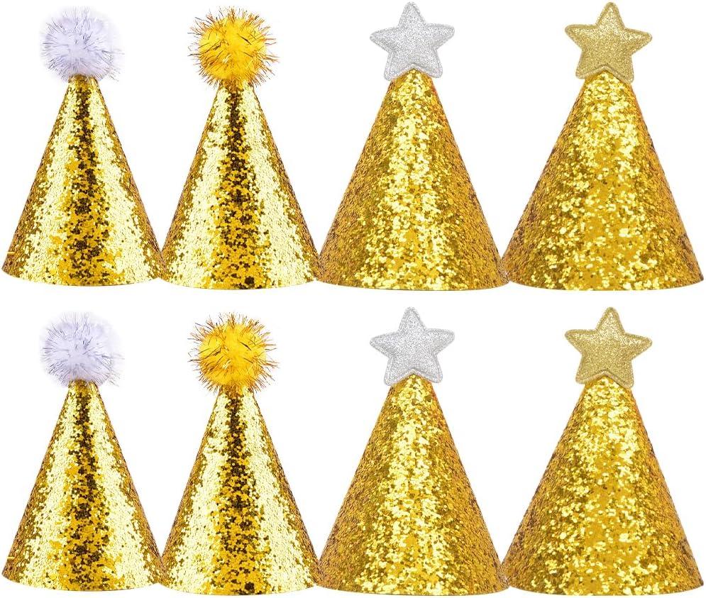 8pcs Golden Cone Party Hats for Infants Pets: Glitter Star Ball Birthday Hats Celebration Headwear with Gold Ropes for Fun Party Supplies Decorations