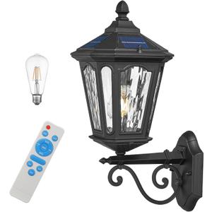 Solar Outdoor Wall Lights, Exterior Wall Mounted Lighting with Remote LED Solar Sconces Dusk to Dawn Porch Latern Waterproof Outside Lights for House Patio Doorway Porch Walkway, Black, Small