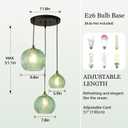 3-Light Glass Globe Light for Kitchen Island, Mid-Century Modern Pendant Ball Chandelier with Green Ribbed Lampshade, Vintage Hanging Ceiling Light Fixture for Dining Room, Over Sink, Table