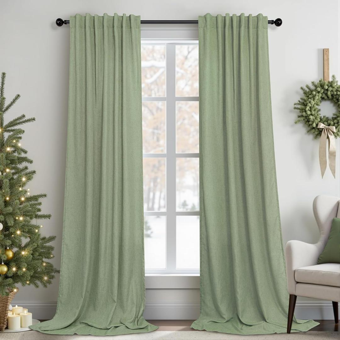Light Sage Curtains 84 Inch Length for Living Room 2 Panels Set Back Tab Pocket Drapes Sheer Linen Textured Lightweight Filtering Light Green Curtains for Bedroom Rustic Boho Farmhouse Decor 7 FT Long