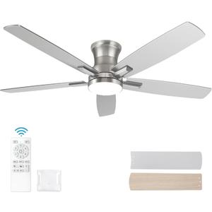 YUHAO 52 Inch Flush Mount Brushed Nickel Ceiling Fan with Light and Remote Control.Noiseless,Dimmable,3CCT,6 Speeds Reversible, Low Profile DC Ceiling Fans for Indoor Use