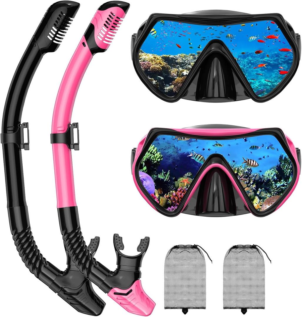 Snorkeling Gear for Adults, Adult Snorkel Mask Set Scuba Diving Dry-Top, Swimming Goggles w/Nose Cover, HD Tempered Glass Panoramic Anti-Leak Anti-Fog, Travel Snorkeling Packages Storage Bag, 2 Pack (Black+Pink)