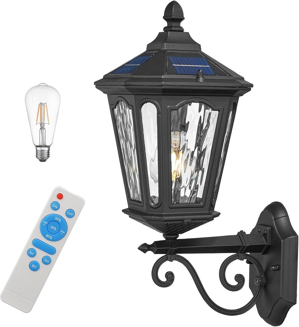 Solar Outdoor Wall Lights, Exterior Wall Mounted Lighting with Remote LED Solar Sconces Dusk to Dawn Porch Latern Waterproof Outside Lights for House Patio Doorway Porch Walkway, Black, Small
