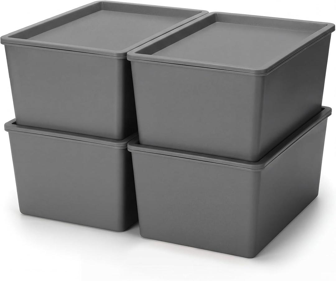4 Pcs Storage Bins with Lids Plastic Stackable Containers for Classroom Room Organizing Shelves Christmas Ornament Box Baskets(Gray,Large)