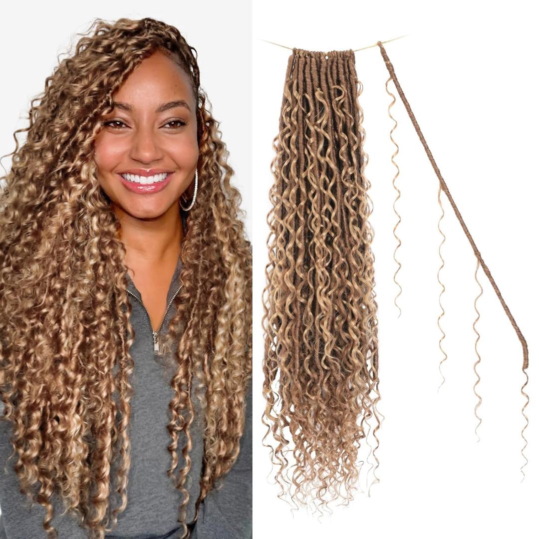 Boho Goddess Locs Crochet Hair: 8 Packs Pre Looped Bohemian Faux Locs Crochet Hair Extensions for Black Women, 24 Inch with 3 Curls (24 Inch, OT30/27#, 8 Packs)
