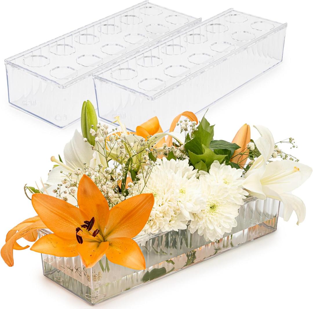 2 Pack Leak-Proof Wave Design Acrylic Long Vases for Centerpieces - 24" Clear Flower Rectangle Vase as Floral Centerpieces for Tables, Long Flower Vase with 12 Holes as Flower Arrangement Holder (Standard)