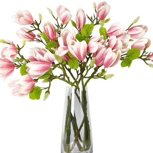 6 PCS 27inch Artificial Magnolia Flowers 3D Real Touch 24 Heads Faux Magnolia Flower buds Realistic Long Stem with lush Green Leaves for Home Wedding Table Office Floral Arrangement Decoration (Pink)