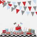 32Ft Racing Party Decorations Red Blue Black White Checkered Racing Car Fabric Banner Triangle Flag Pennant Garland Streamers for Kids Race Car Birthday Racetrack Baby Shower NASCAR Picnic Decor