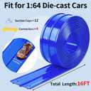 3 x 16 Ft Flexible Car Race Track, Flex Ramp with 12 Suction Cups, Compatible with Hot Wheels and Diecast 1/64th Cars, Double Tracks Long Rolls Up Portable Racetrack (Blue)