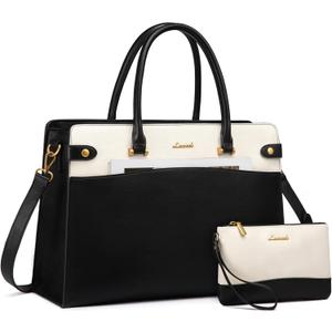 LOVEVOOK Laptop Tote Bag For Women Work, Vintage Leather Computer Bags For Laptops For Women, Waterproof Laptop Bag Business Briefcase Office Large Shoulder Handbag Purse, 17.3 Inch, Black-Beige