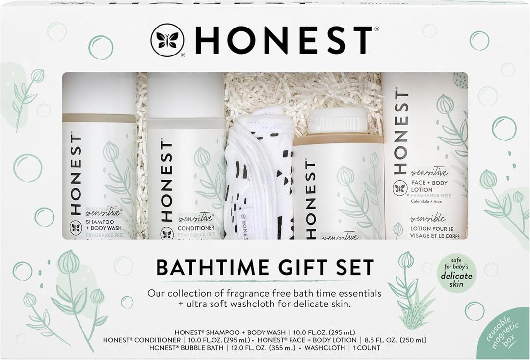 The Honest Company Fragrance-Free Bathtime Gift Set, Hypoallergenic, Bath Essentials for Sensitive Skin, Shampoo and Body Wash, Face Lotion, Bubble Bath, Conditioner, Wash Cloth