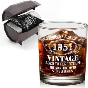 75th Birthday Gifts for Men, Vintage 1951 Whiskey Glass Set in Barrel Box, 75 Year Old Gift Ideas for Him Husband Dad, Rock Glass for 75th Birthday Decorations & Wedding Anniversary