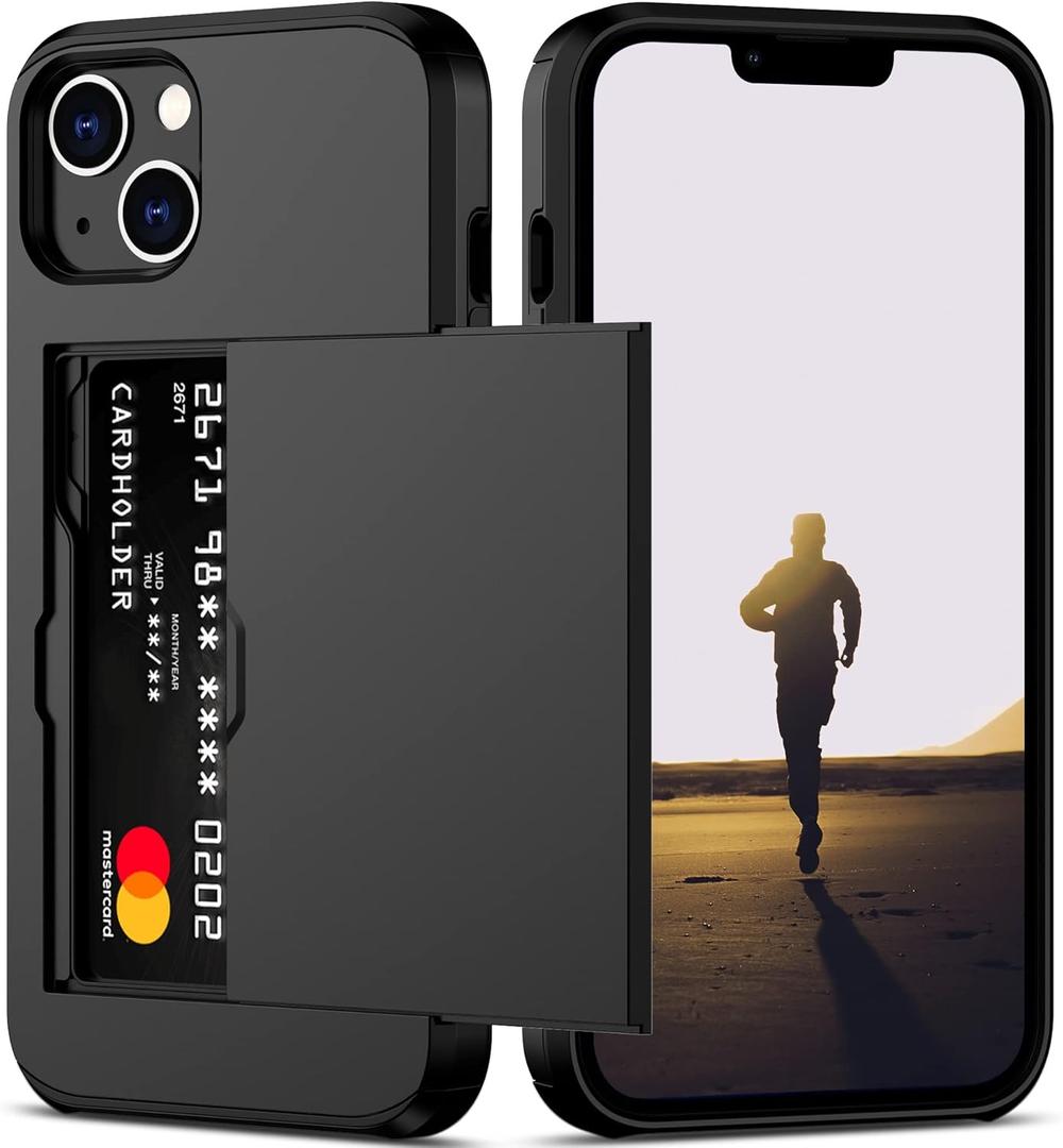 Nvollnoe for iPhone 13 Case with Card Holder Heavy Duty Protective Dual Layer Shockproof Hidden Card Slot Slim Wallet Case for iPhone 13 for Women&Men(Black)