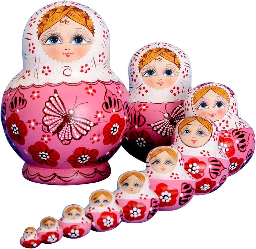 YAKELUS Russian Nesting Dolls for Kids Matryoshka Doll 10pcs Handmade